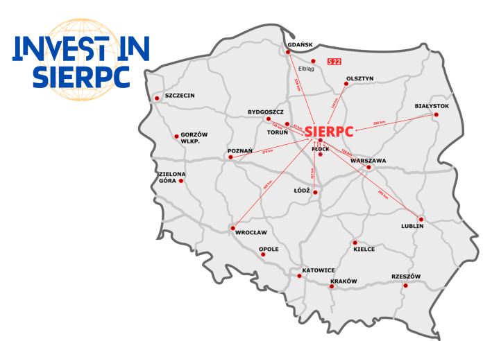 mapa Polski z zaznaczonymi na niej największymi miastami w okolicy miasta Sierpc w lewym górnym rogu logo z napisem INVEST IN SIERPC