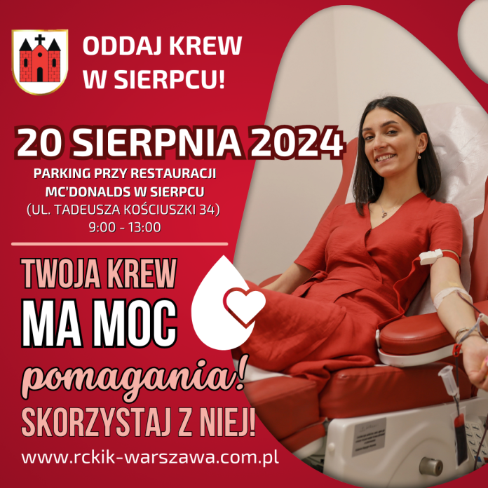 Grafika-zaproszenie do oddawania krwi w dniu 20 sierpnia w godz. 9:00-13:00.