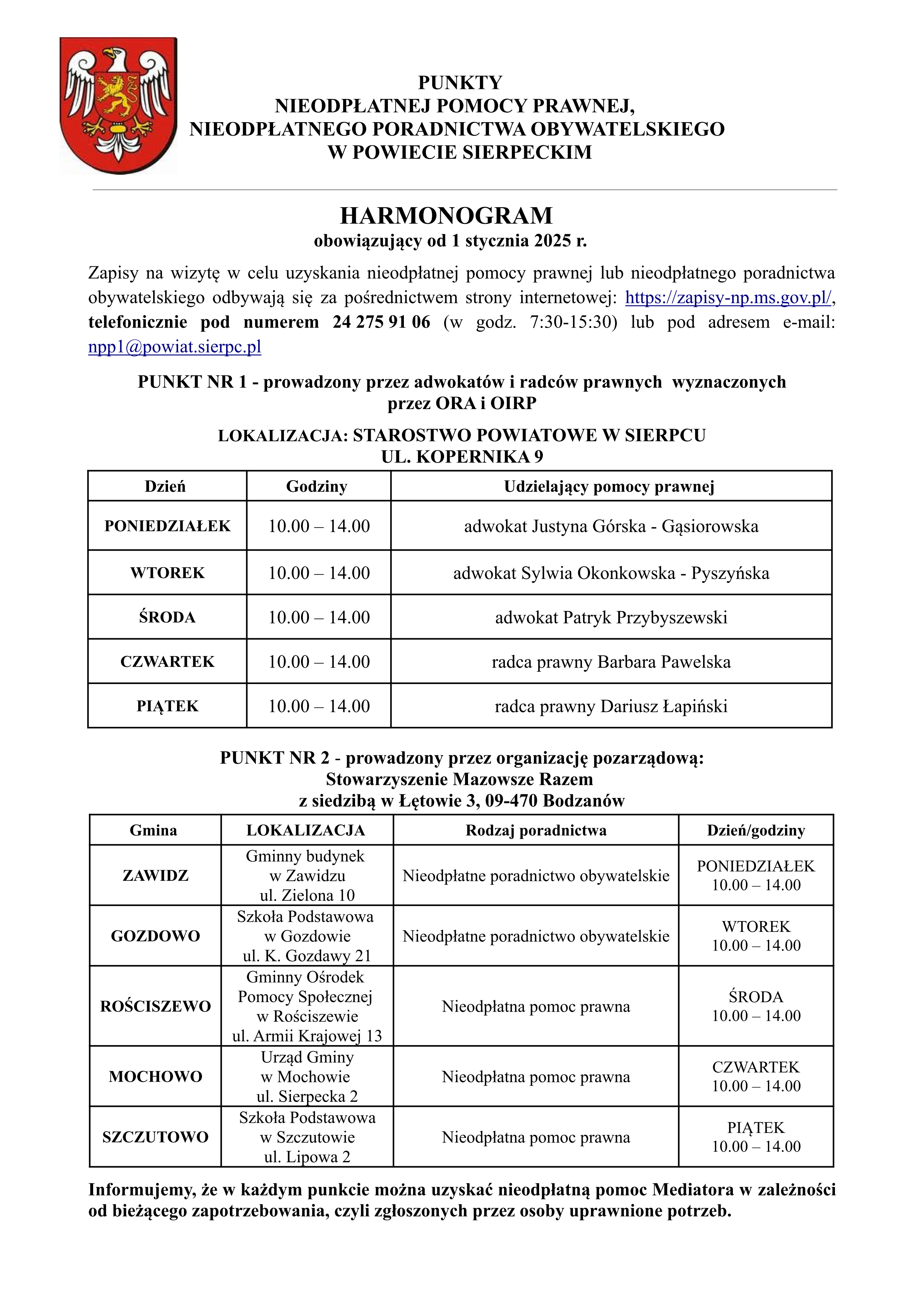grafika z punktami nieodpłatnej pomocy prawnej, nieodpłatnego poradnictwa obywatelskiego w powiecie sierpeckim