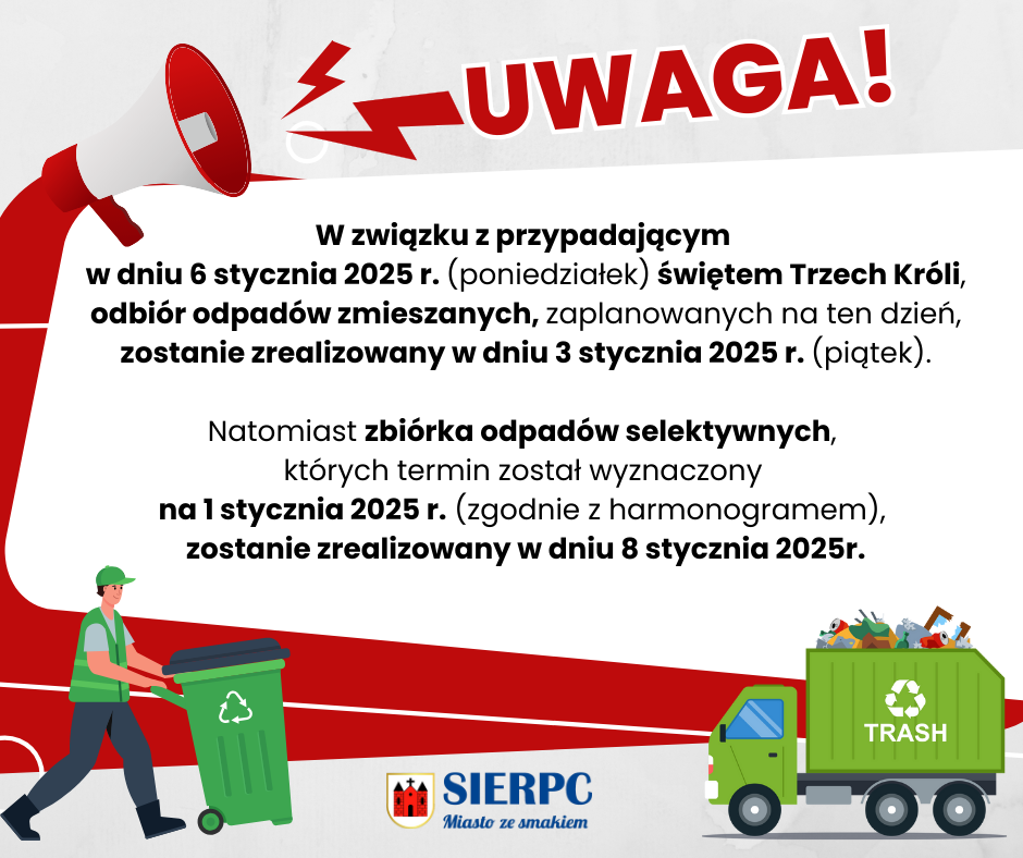 plakat zawierający informację o zmianach w terminach odbioru odpadów na terenie miasta.