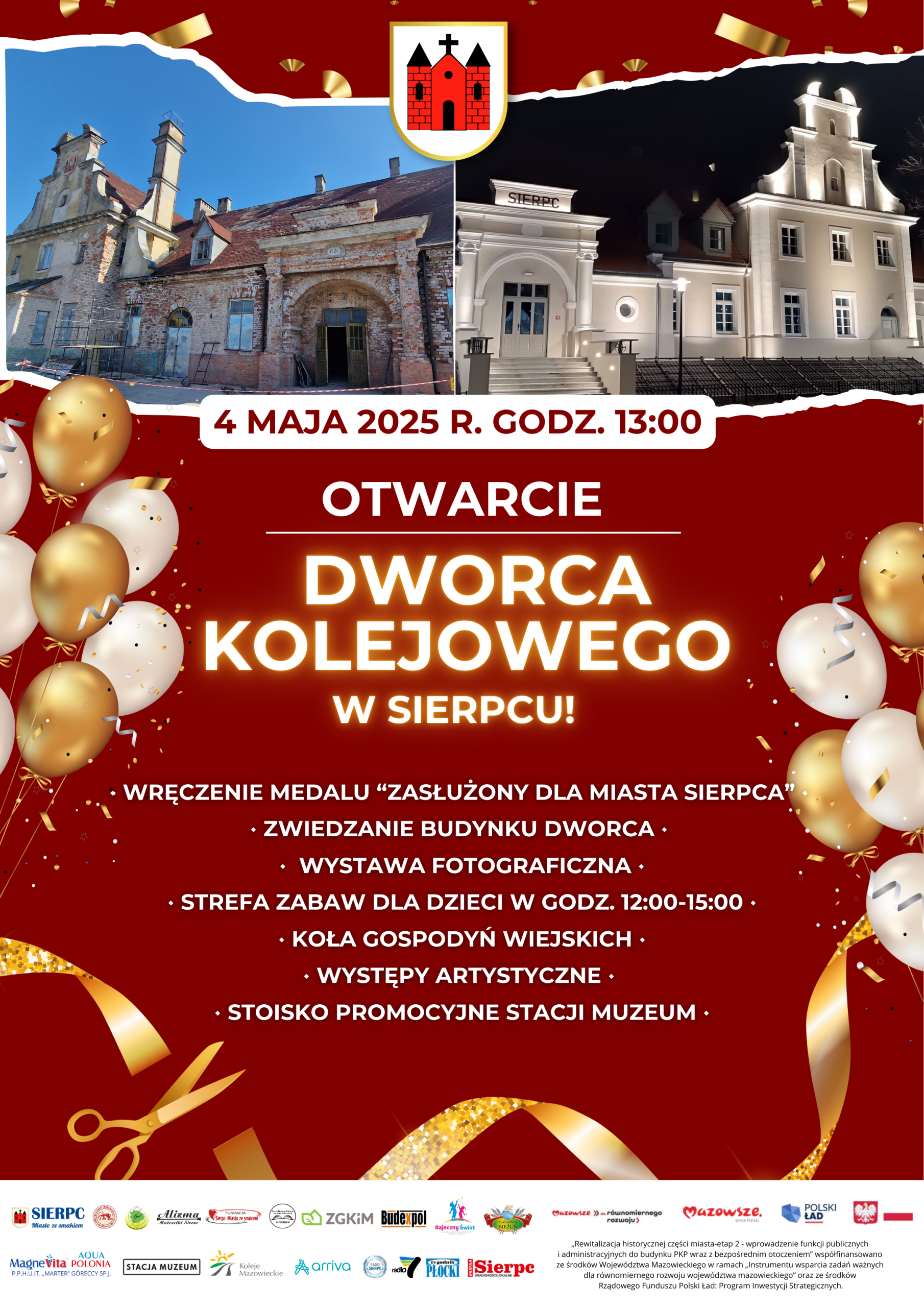 Plakat zawierający elementy graficzne oraz informację tekstową dotyczącą otwarcie dworca kolejowego w Sierpcu w dniu 4 maja przy ul. Dworcowej 5a.