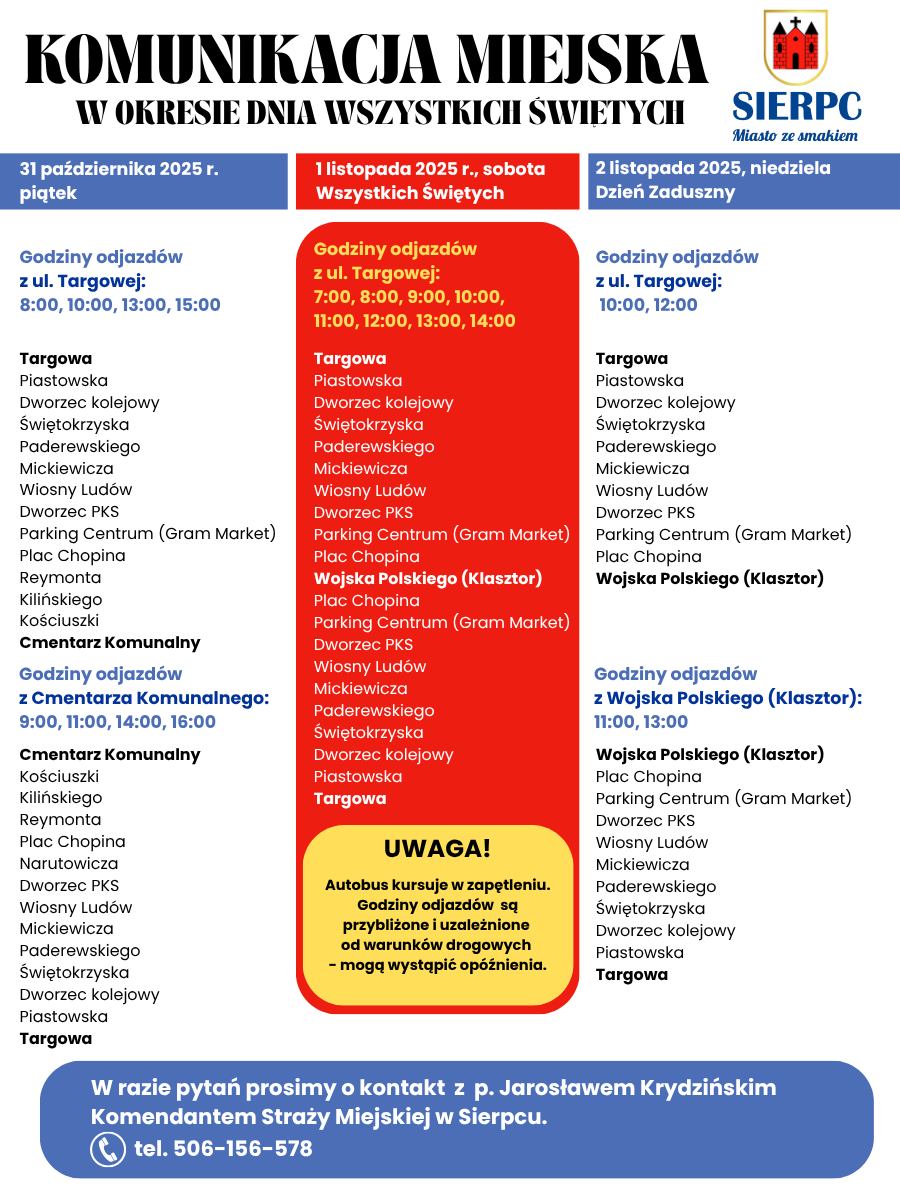 Harmonogram przejazdów komunikacji miejskiej w dniach 31 października - 2 listopada.