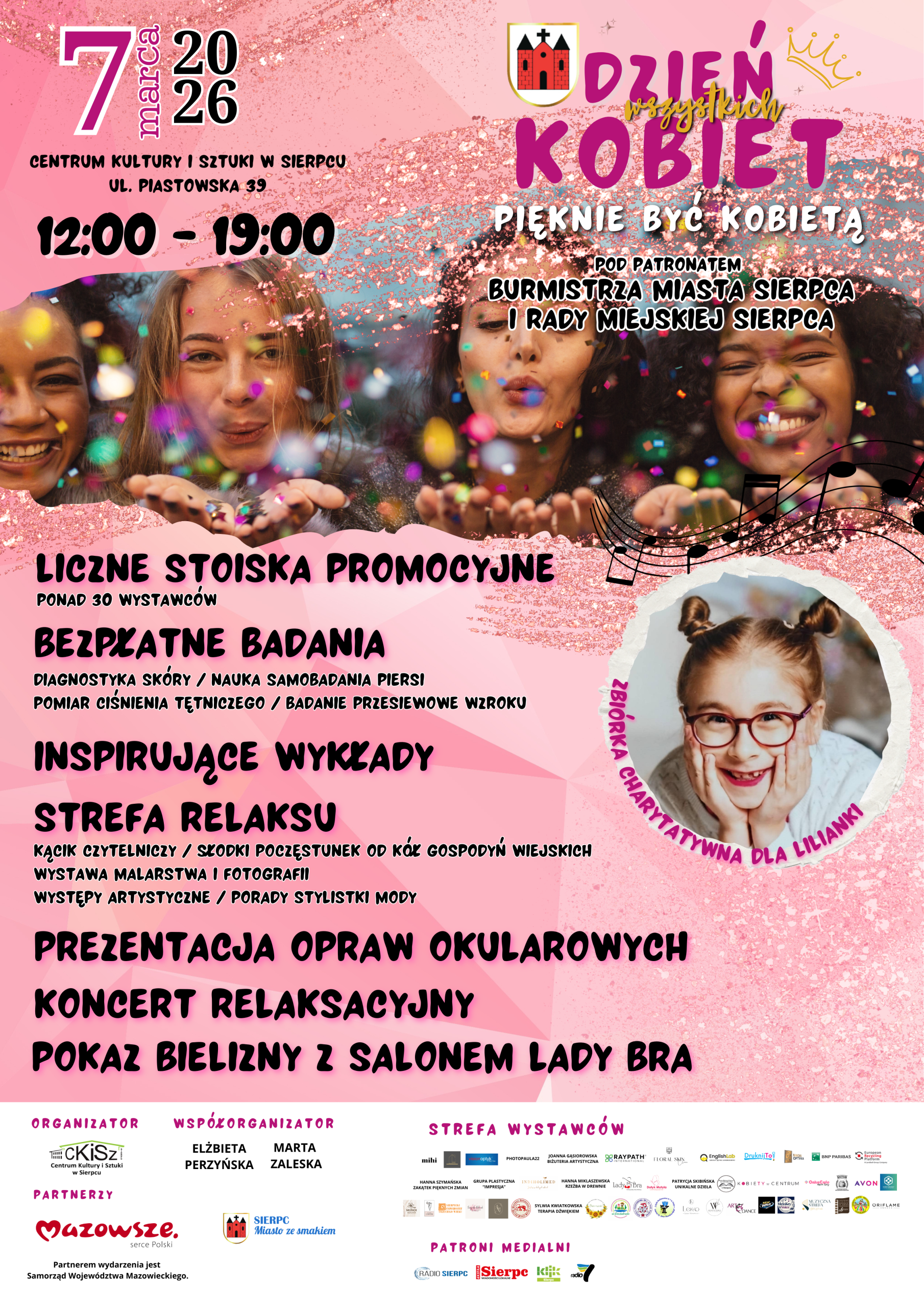 Plakat graficzny zawierający informacje dotyczące wydarzenia Dzień Wszystkich Kobiet w Sierpcu w dniu 7 marca w Centrum Kultury i Sztuki w Sierpcu. 