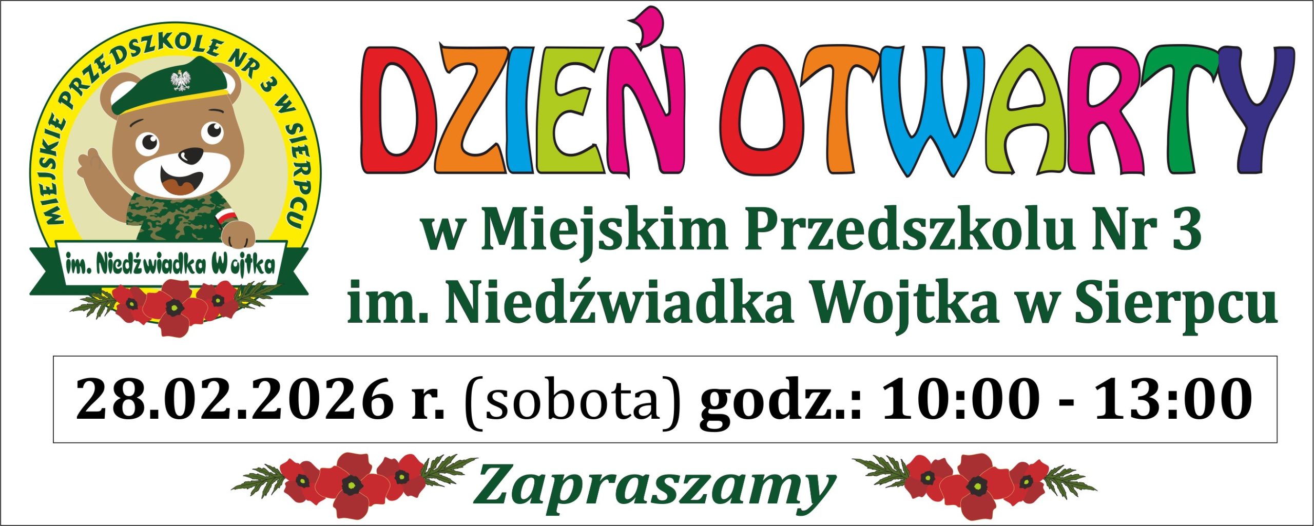 Grafika informująca o dniu otwartym w miejskim przedszkolu nr 3 im. Niedźwiadka Wojtka w Sierpcu w dniu 28 lutego 2026 r o godz. 10:00.