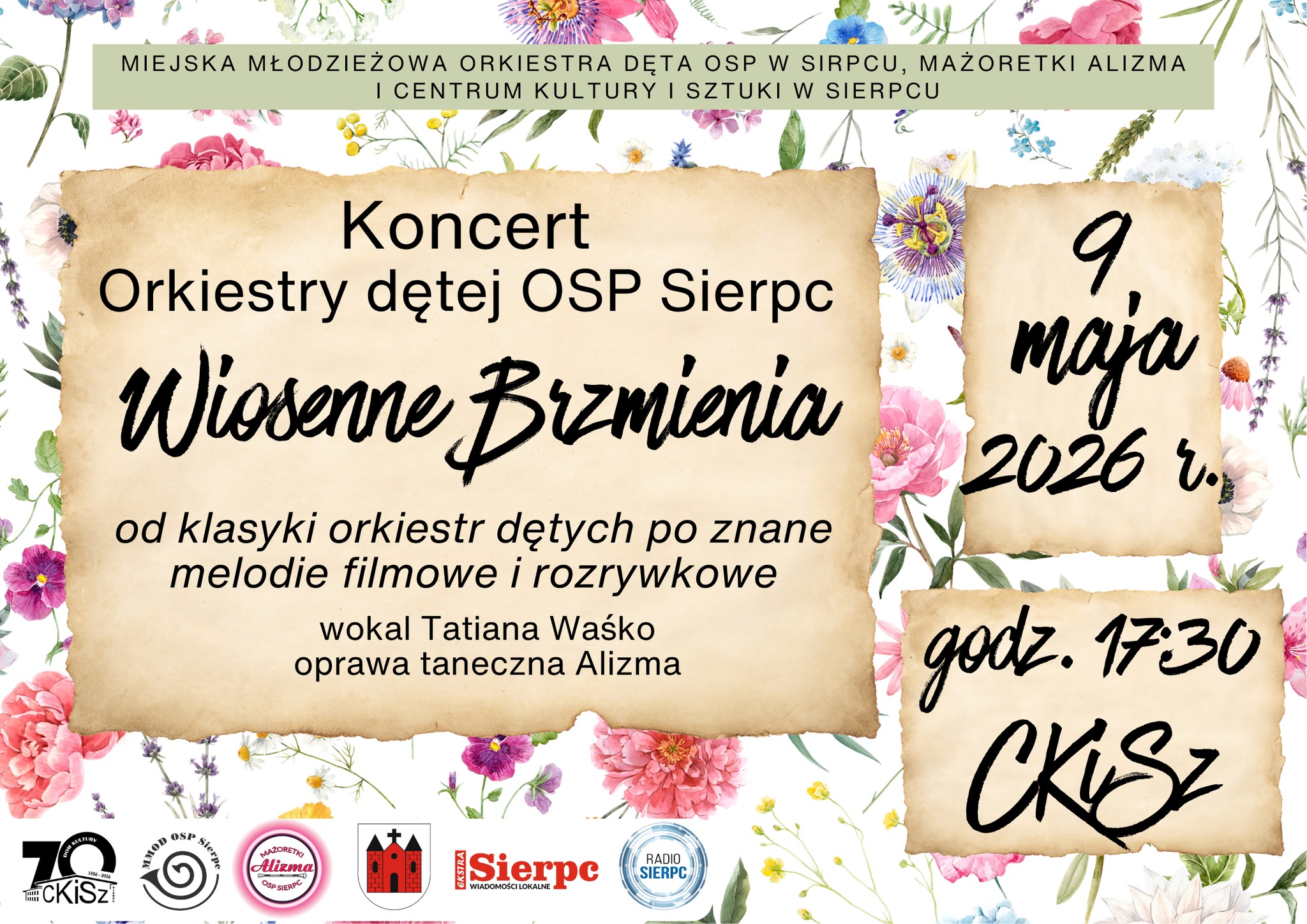 Plakat graficzny informujący o koncercie "Wiosenne brzmienia" w wykonaniu MMOD OSP Sierpc w dniu 9 maja o godz. 17:30 w Centrum Kultury i Sztuki w Sierpcu. Wstęp wolny.