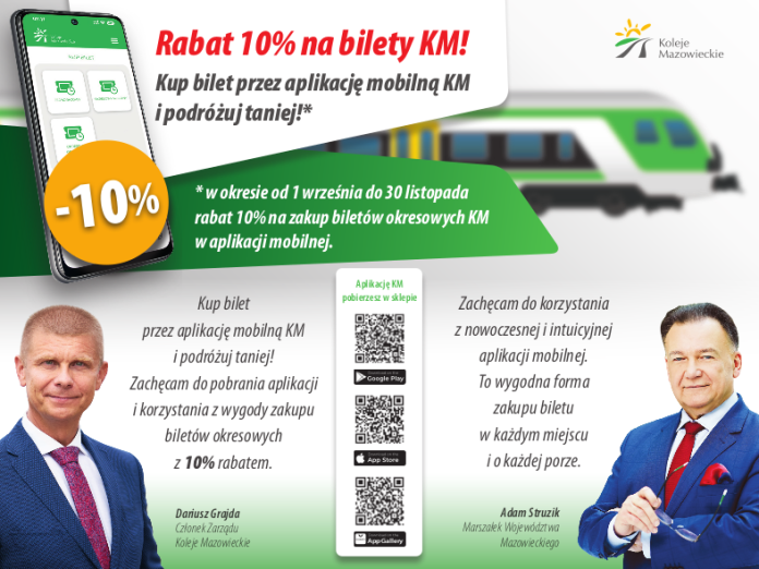 Grafika informująca o obowiązującej promocji 10% na bilety okresowe Kolejami Mazowieckimi. 